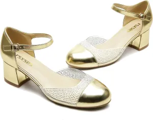 rsxses Women's Closed Round Toe Low Block Heels Ankle Strap Chunky Heel Pumps Rhinestone Dress Wedding Shoes