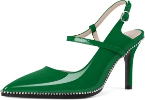 SAMMITOP Women Slingback Heels Ankle Strap Beaded D'Orsay Stiletto High Heel Close Pointed Toe Wedding Dress Pumps Shoes 3.5 Inch