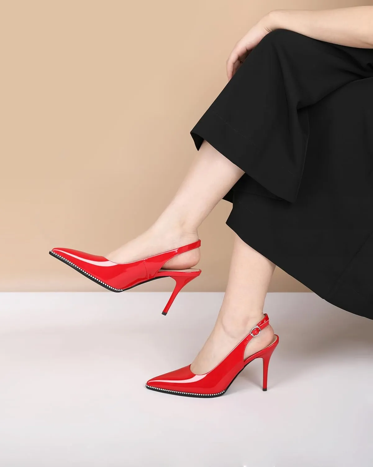 SAMMITOP Women Slingback Heels Stilettos Closed Pointed Toe High Heel Silver Beaded Pumps Comfortable 3.5 Inch High Heels for Women Dressy Shoes