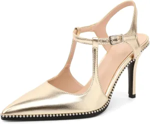 SAMMITOP Womens High Heels Pointed Toe Ankle Strap Pumps Silver Beaded T-Strap Stilettos Sexy Heeled Office Wedding Dress Shoes 3.5 Inch