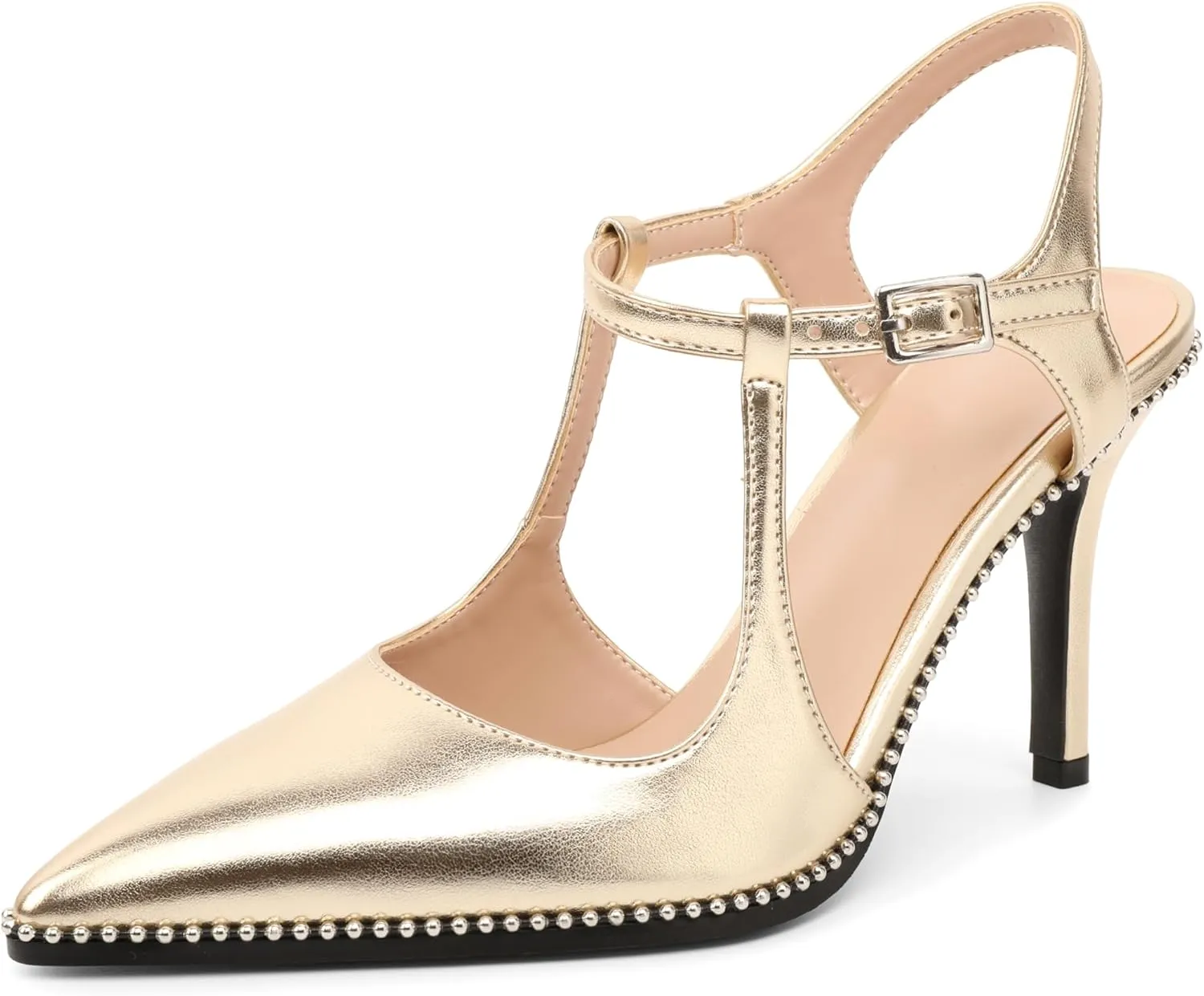 SAMMITOP Womens High Heels Pointed Toe Ankle Strap Pumps Silver Beaded T-Strap Stilettos Sexy Heeled Office Wedding Dress Shoes 3.5 Inch