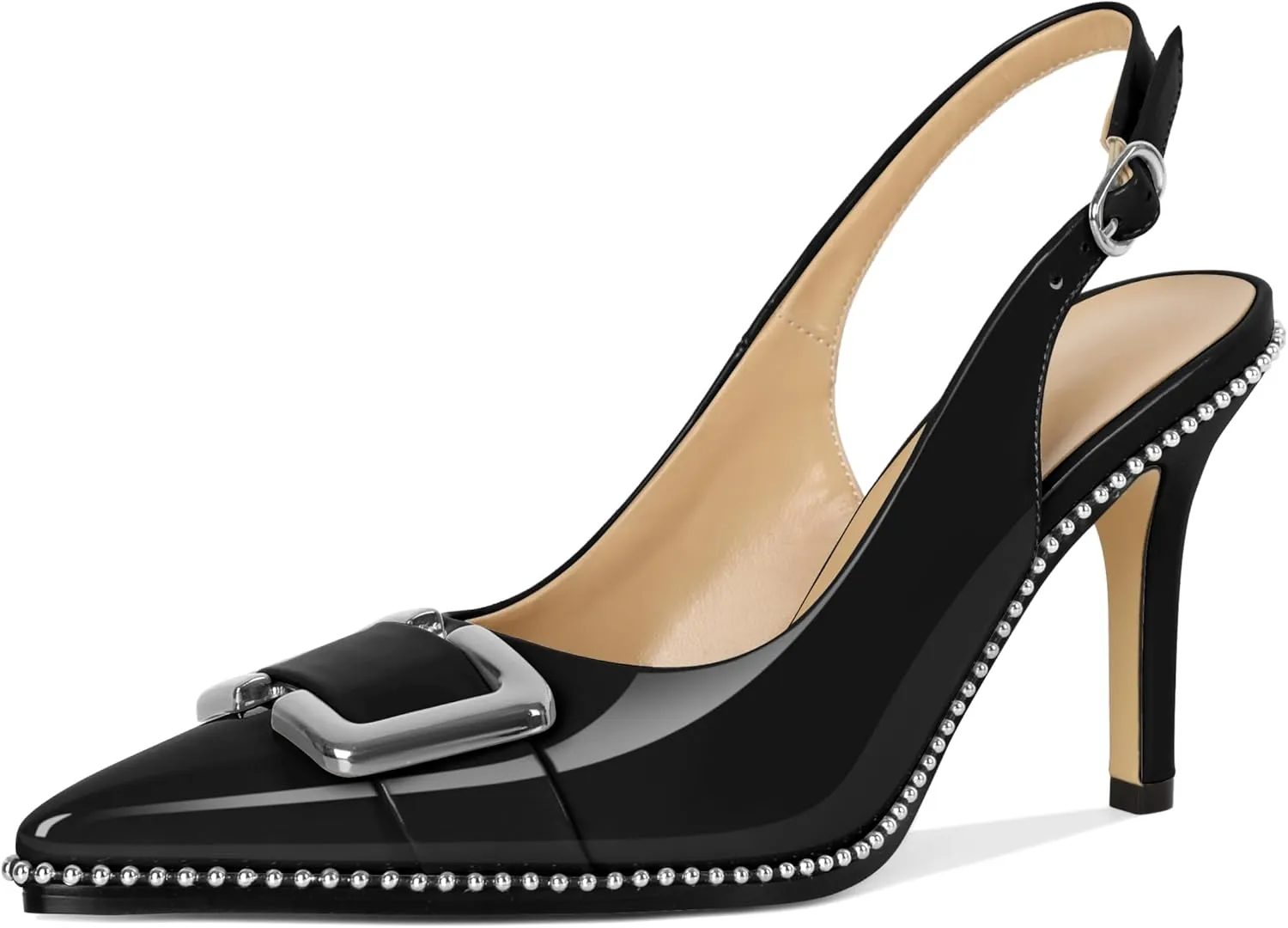 SAMMITOP Womens Slingback Stiletto High Heels Closed Pointed Toe Pumps Beaded Metal Buckle Sexy Office Dress Shoes 3.5 Inch