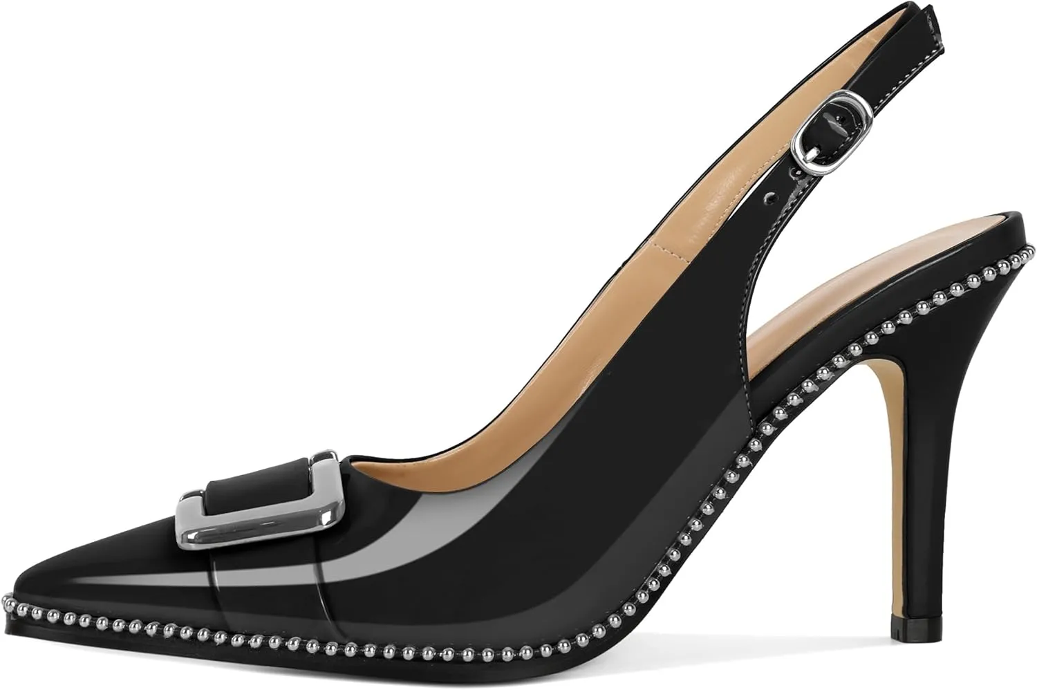 SAMMITOP Womens Slingback Stiletto High Heels Closed Pointed Toe Pumps Beaded Metal Buckle Sexy Office Dress Shoes 3.5 Inch