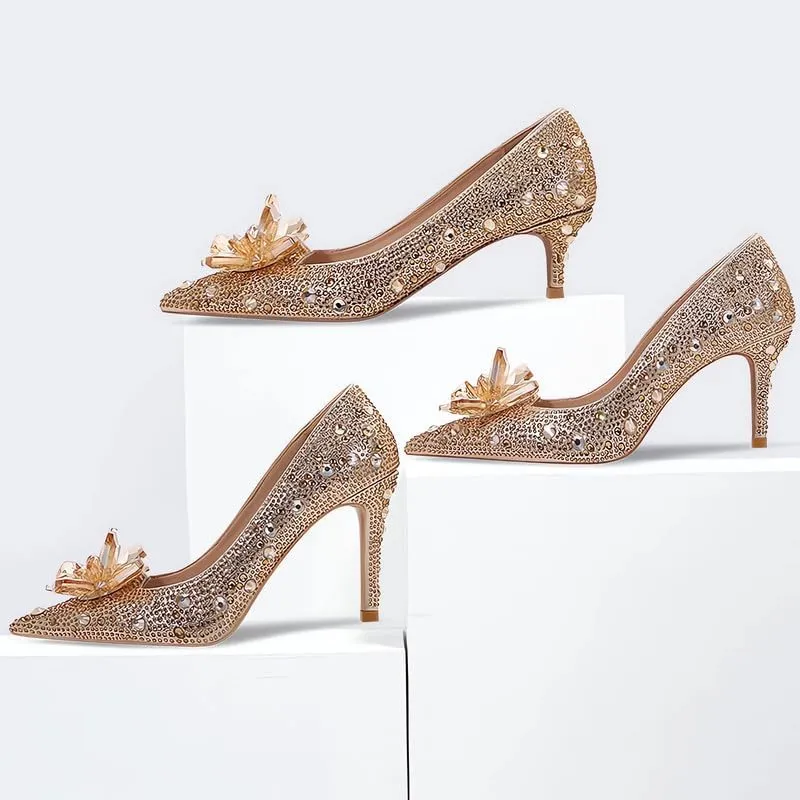 sexytag Women's Crystal Rhinestone Poined Toe Pumps Clear Stiletto High Heels