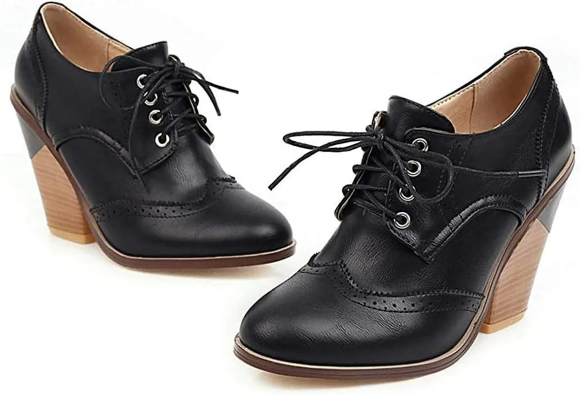 SHEMEE Women's Chunky High Heel Wingtip Oxfords Round Toe Lace Up Block Heels Vintage Brogues Pumps Shoes