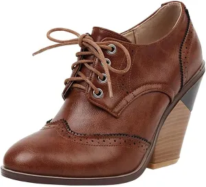 SHEMEE Women's Chunky High Heel Wingtip Oxfords Round Toe Lace Up Block Heels Vintage Brogues Pumps Shoes