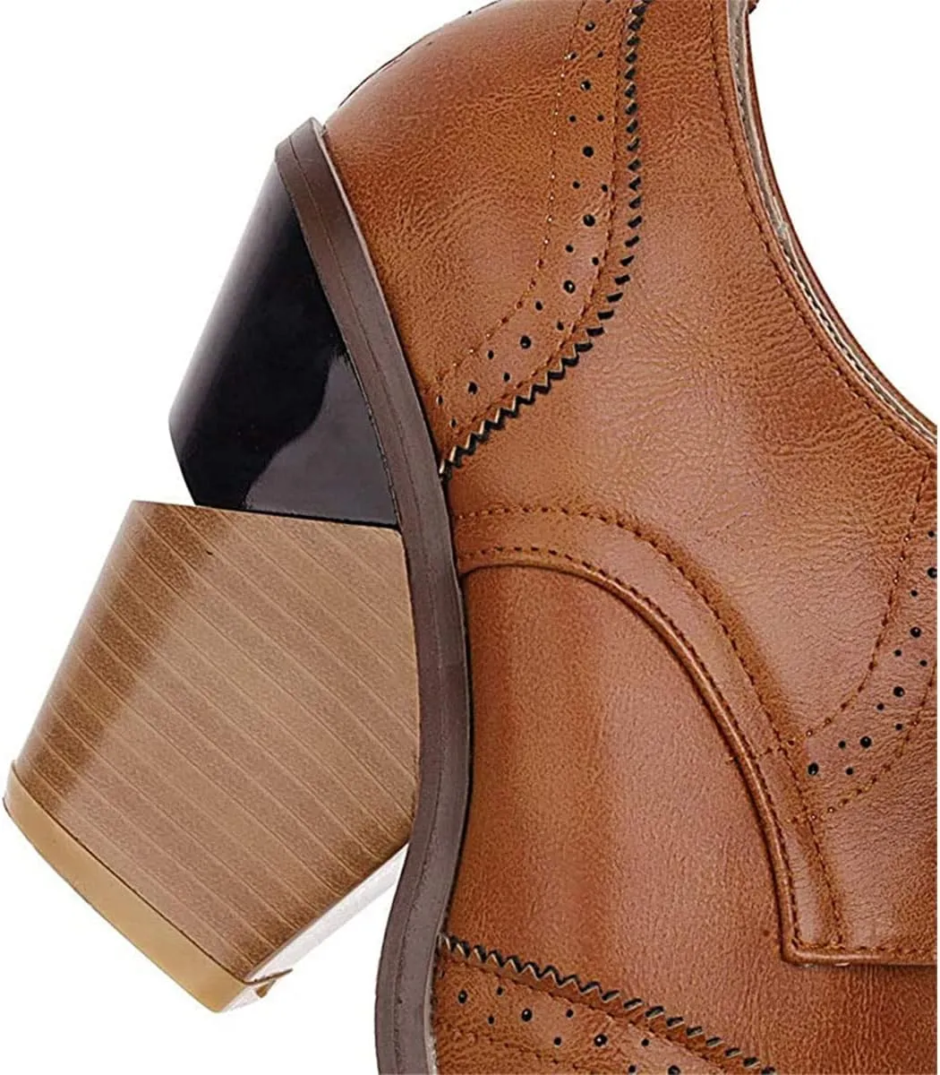 SHEMEE Women's Chunky High Heel Wingtip Oxfords Round Toe Lace Up Block Heels Vintage Brogues Pumps Shoes