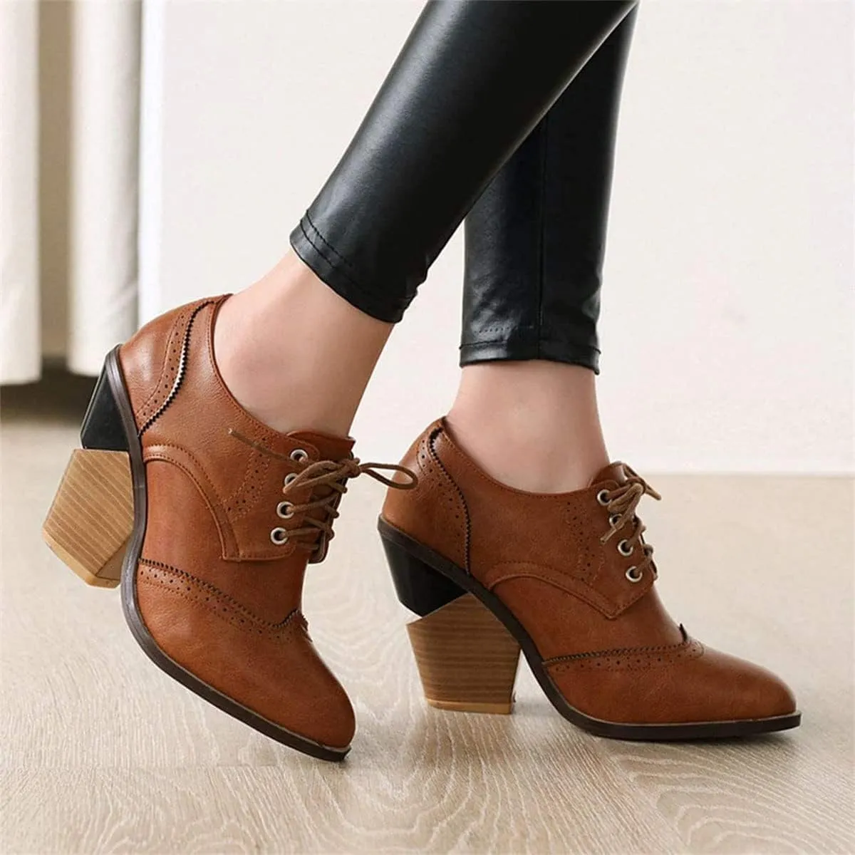 SHEMEE Women's Chunky High Heel Wingtip Oxfords Round Toe Lace Up Block Heels Vintage Brogues Pumps Shoes