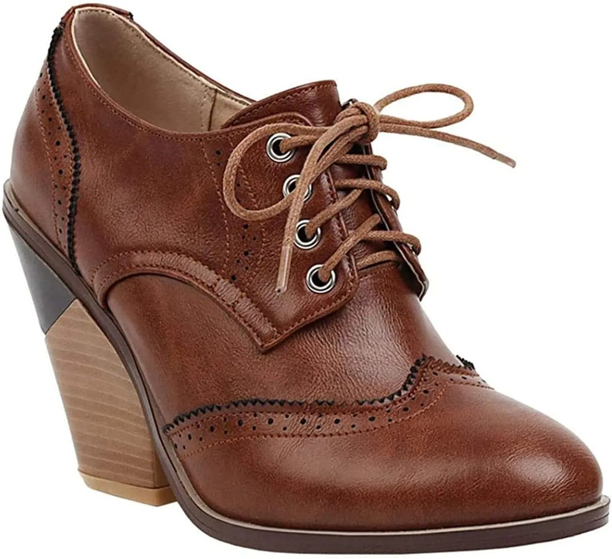 SHEMEE Women's Chunky High Heel Wingtip Oxfords Round Toe Lace Up Block Heels Vintage Brogues Pumps Shoes