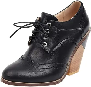 SHEMEE Women's Chunky High Heel Wingtip Oxfords Round Toe Lace Up Block Heels Vintage Brogues Pumps Shoes