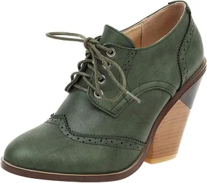 SHEMEE Women's Chunky High Heel Wingtip Oxfords Round Toe Lace Up Block Heels Vintage Brogues Pumps Shoes