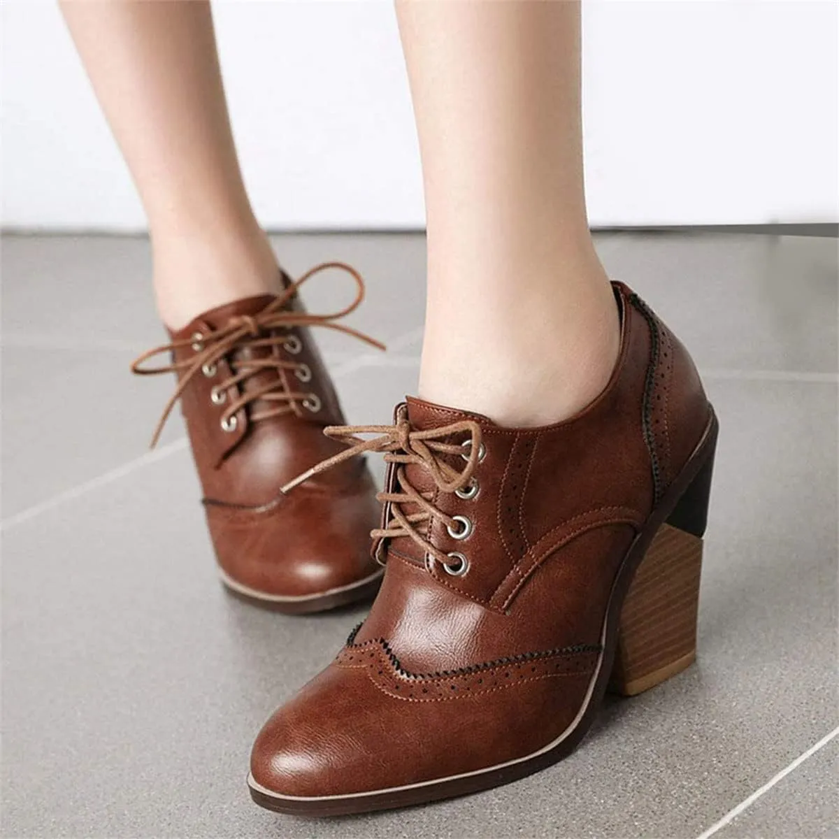 SHEMEE Women's Chunky High Heel Wingtip Oxfords Round Toe Lace Up Block Heels Vintage Brogues Pumps Shoes