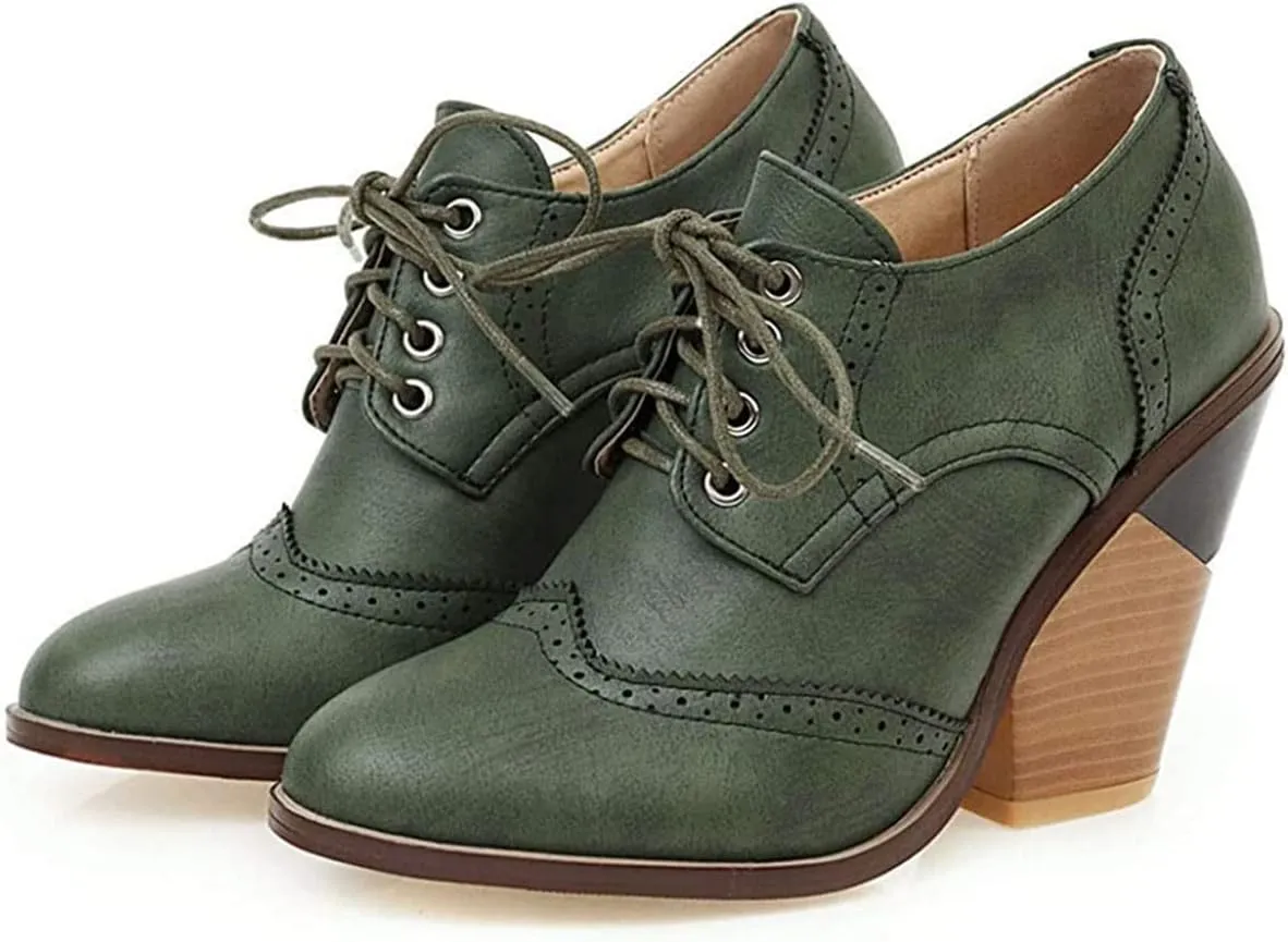 SHEMEE Women's Chunky High Heel Wingtip Oxfords Round Toe Lace Up Block Heels Vintage Brogues Pumps Shoes