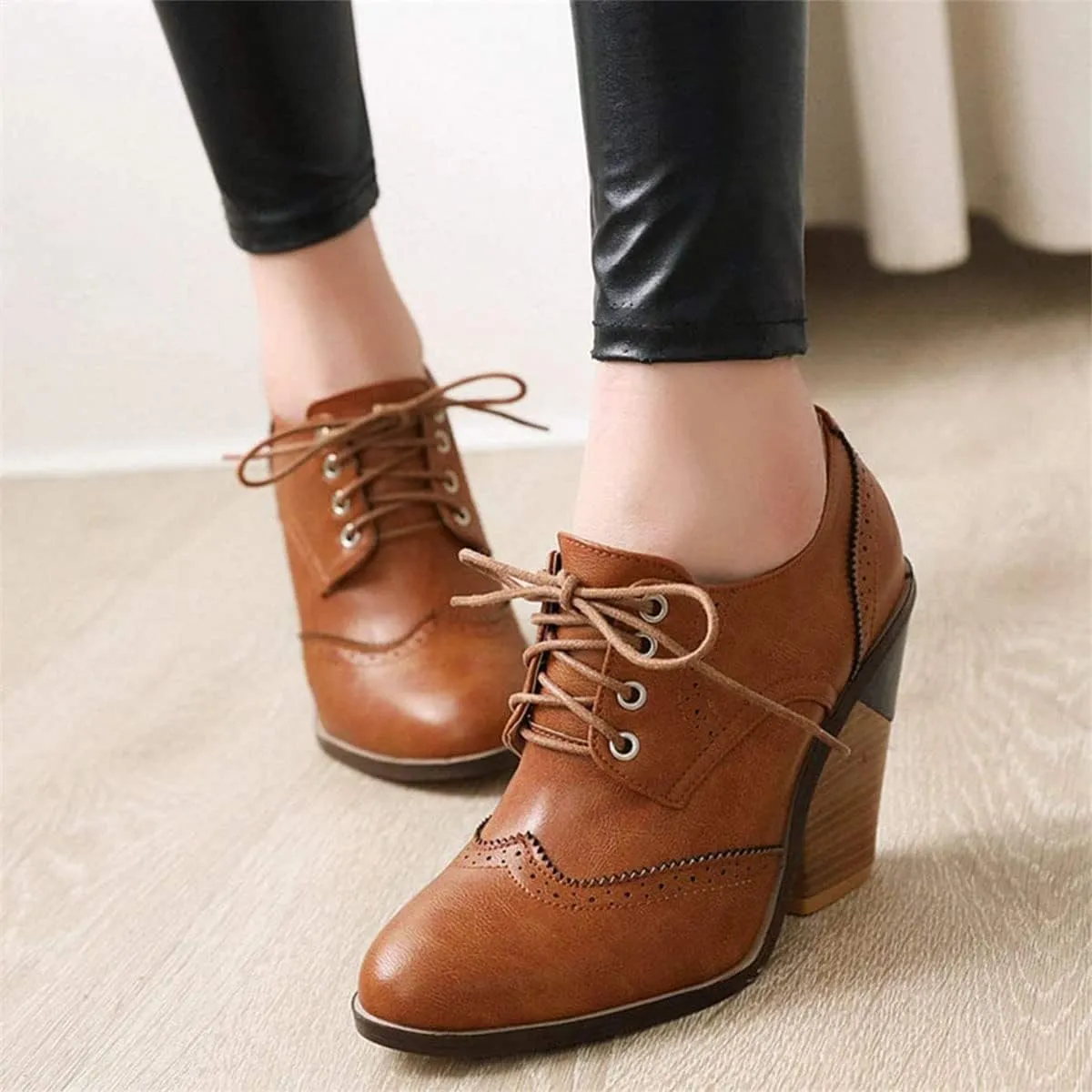 SHEMEE Women's Chunky High Heel Wingtip Oxfords Round Toe Lace Up Block Heels Vintage Brogues Pumps Shoes