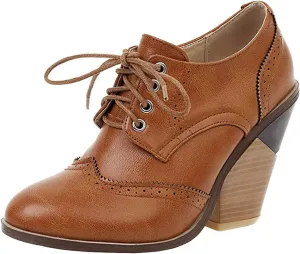 SHEMEE Women's Chunky High Heel Wingtip Oxfords Round Toe Lace Up Block Heels Vintage Brogues Pumps Shoes