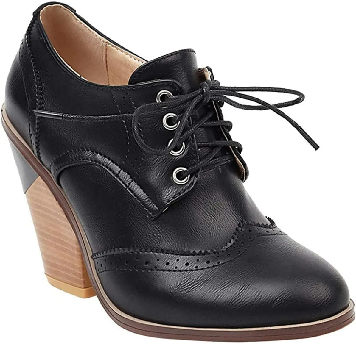 SHEMEE Women's Chunky High Heel Wingtip Oxfords Round Toe Lace Up Block Heels Vintage Brogues Pumps Shoes