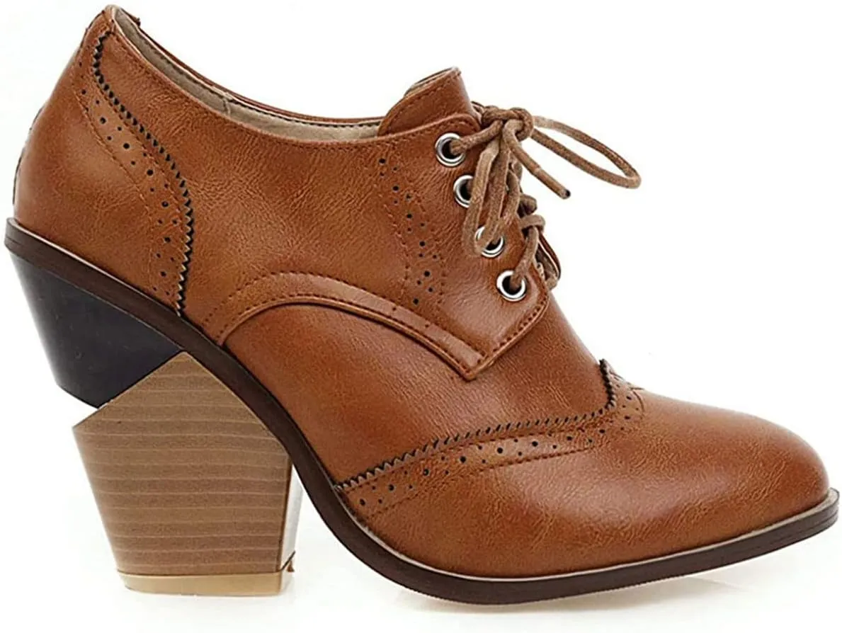 SHEMEE Women's Chunky High Heel Wingtip Oxfords Round Toe Lace Up Block Heels Vintage Brogues Pumps Shoes