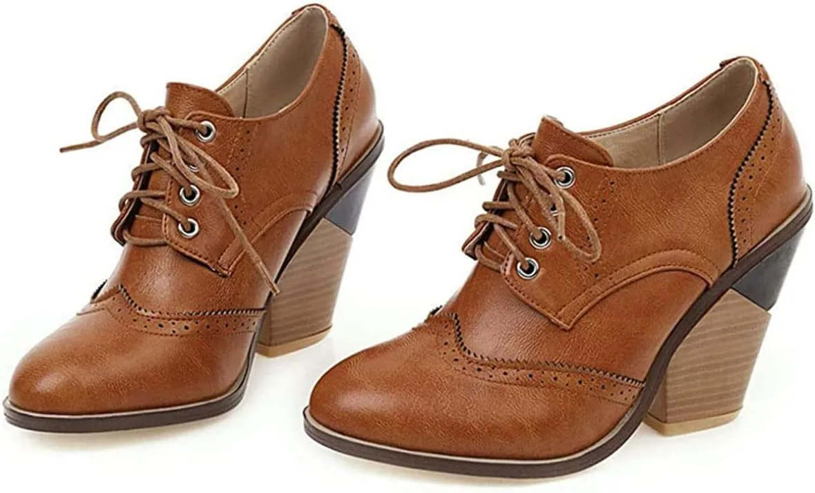 SHEMEE Women's Chunky High Heel Wingtip Oxfords Round Toe Lace Up Block Heels Vintage Brogues Pumps Shoes