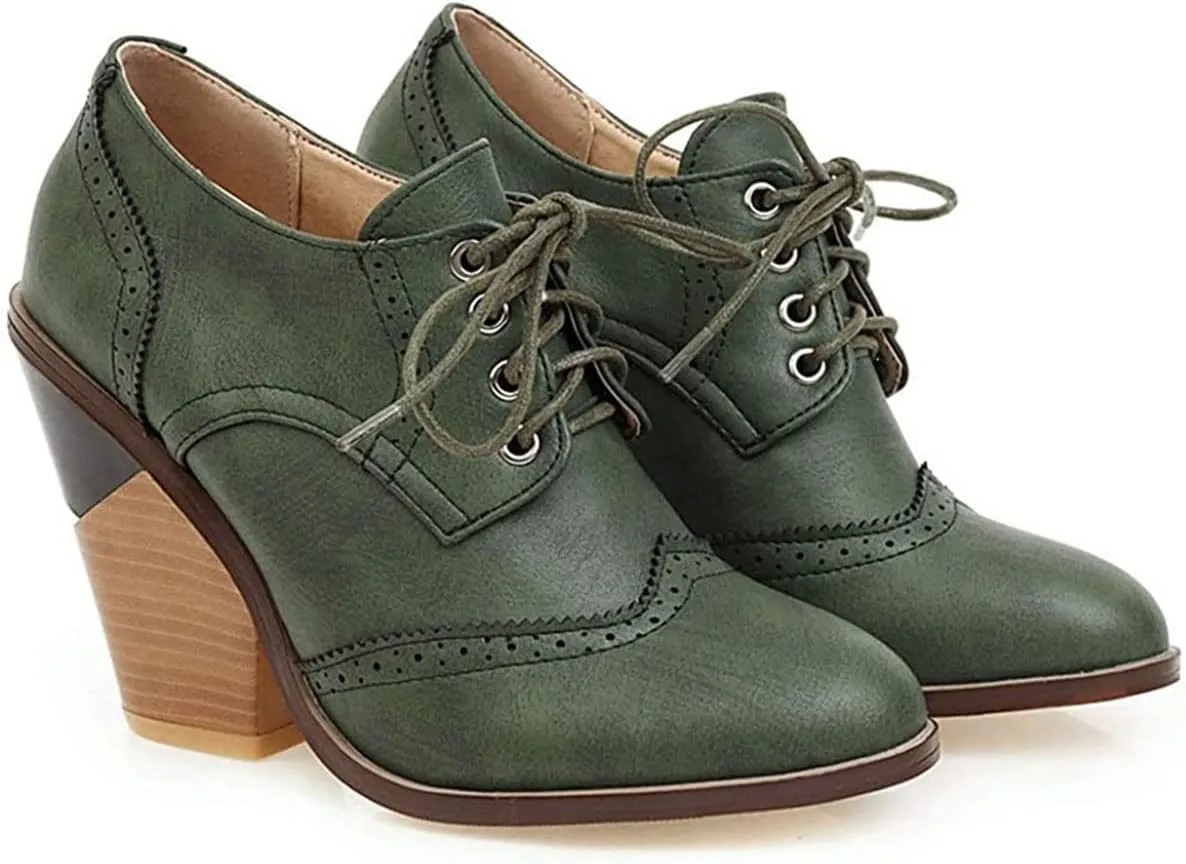 SHEMEE Women's Chunky High Heel Wingtip Oxfords Round Toe Lace Up Block Heels Vintage Brogues Pumps Shoes
