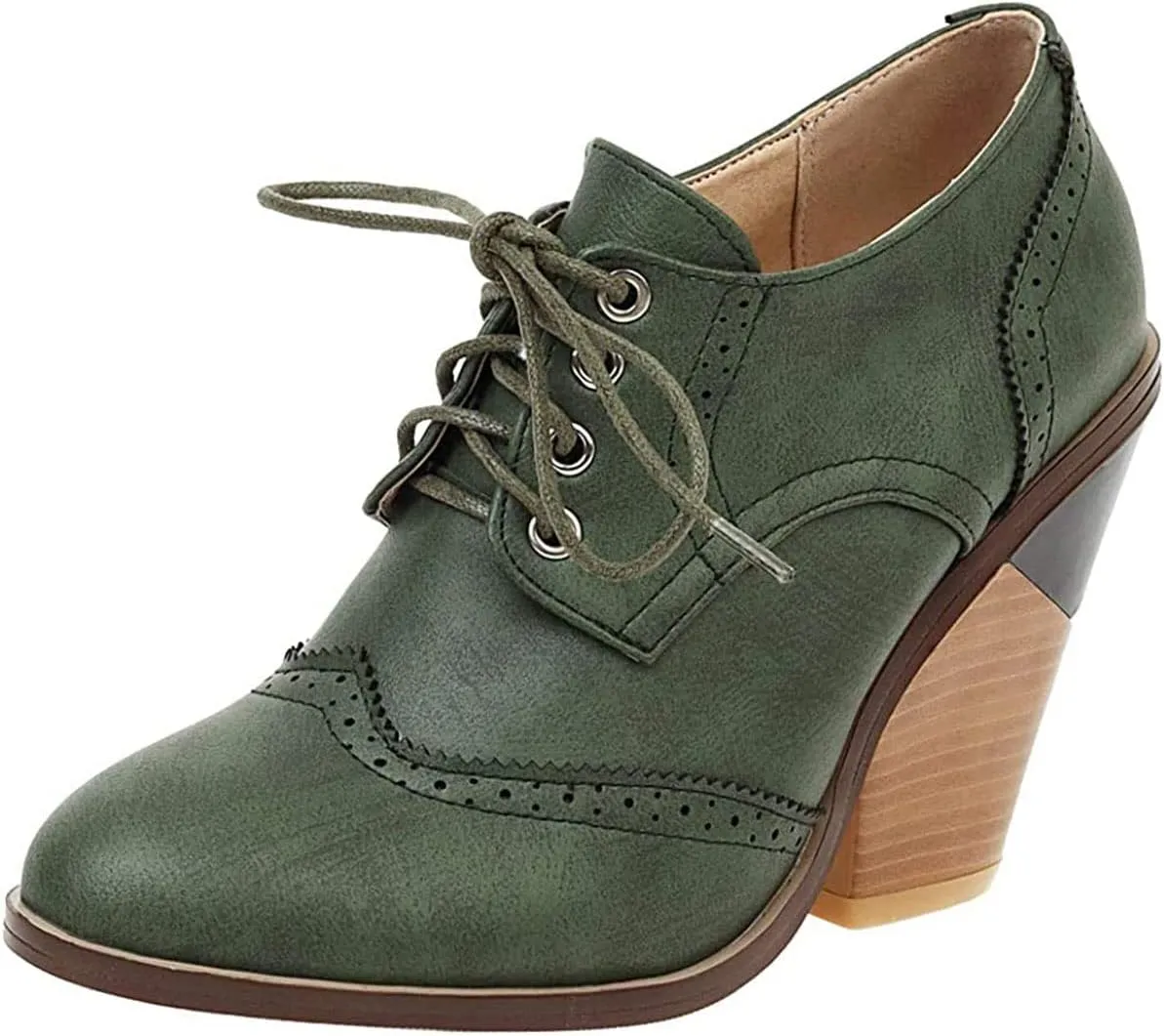 SHEMEE Women's Chunky High Heel Wingtip Oxfords Round Toe Lace Up Block Heels Vintage Brogues Pumps Shoes
