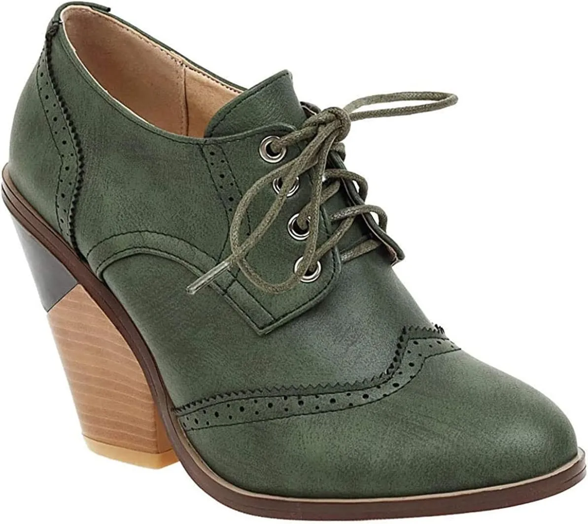 SHEMEE Women's Chunky High Heel Wingtip Oxfords Round Toe Lace Up Block Heels Vintage Brogues Pumps Shoes