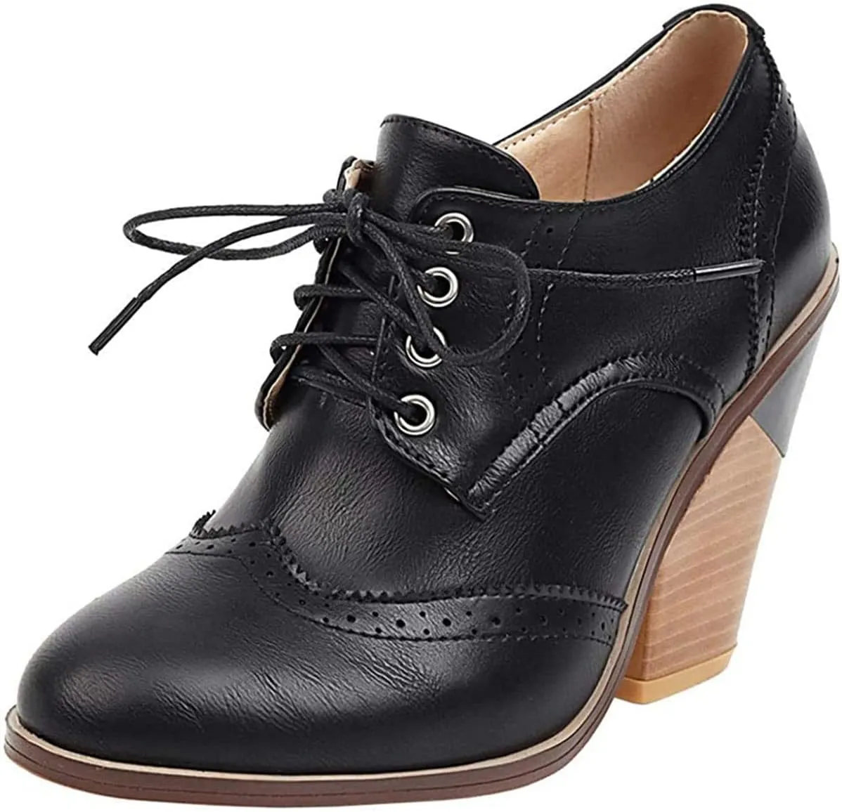 SHEMEE Women's Chunky High Heel Wingtip Oxfords Round Toe Lace Up Block Heels Vintage Brogues Pumps Shoes