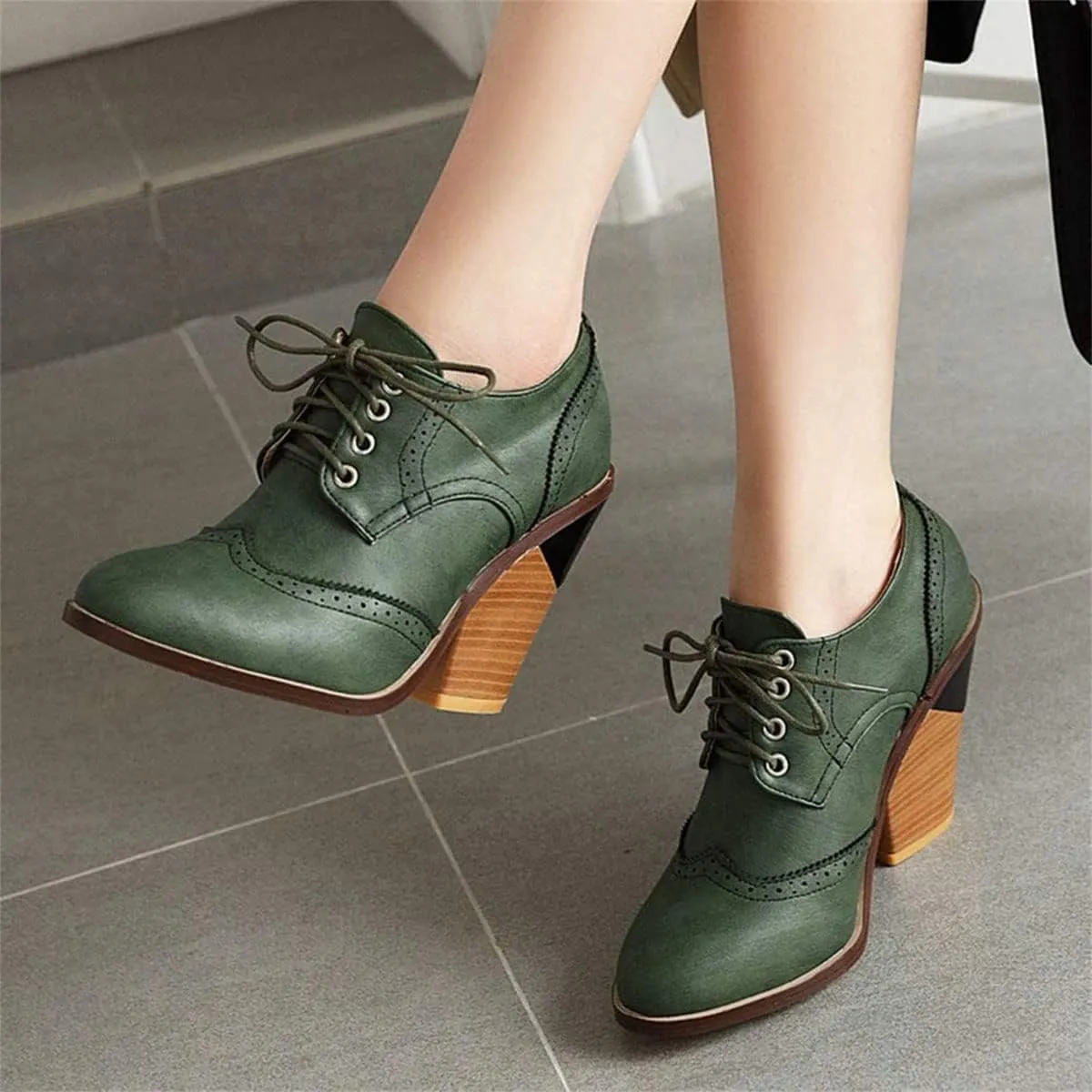 SHEMEE Women's Chunky High Heel Wingtip Oxfords Round Toe Lace Up Block Heels Vintage Brogues Pumps Shoes
