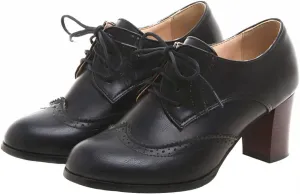 SHEMEE Women's Chunky High Heels Wingtip Oxfords Round Toe Lace Up Stacked Block Heel Vintage Brogues Pumps Shoes