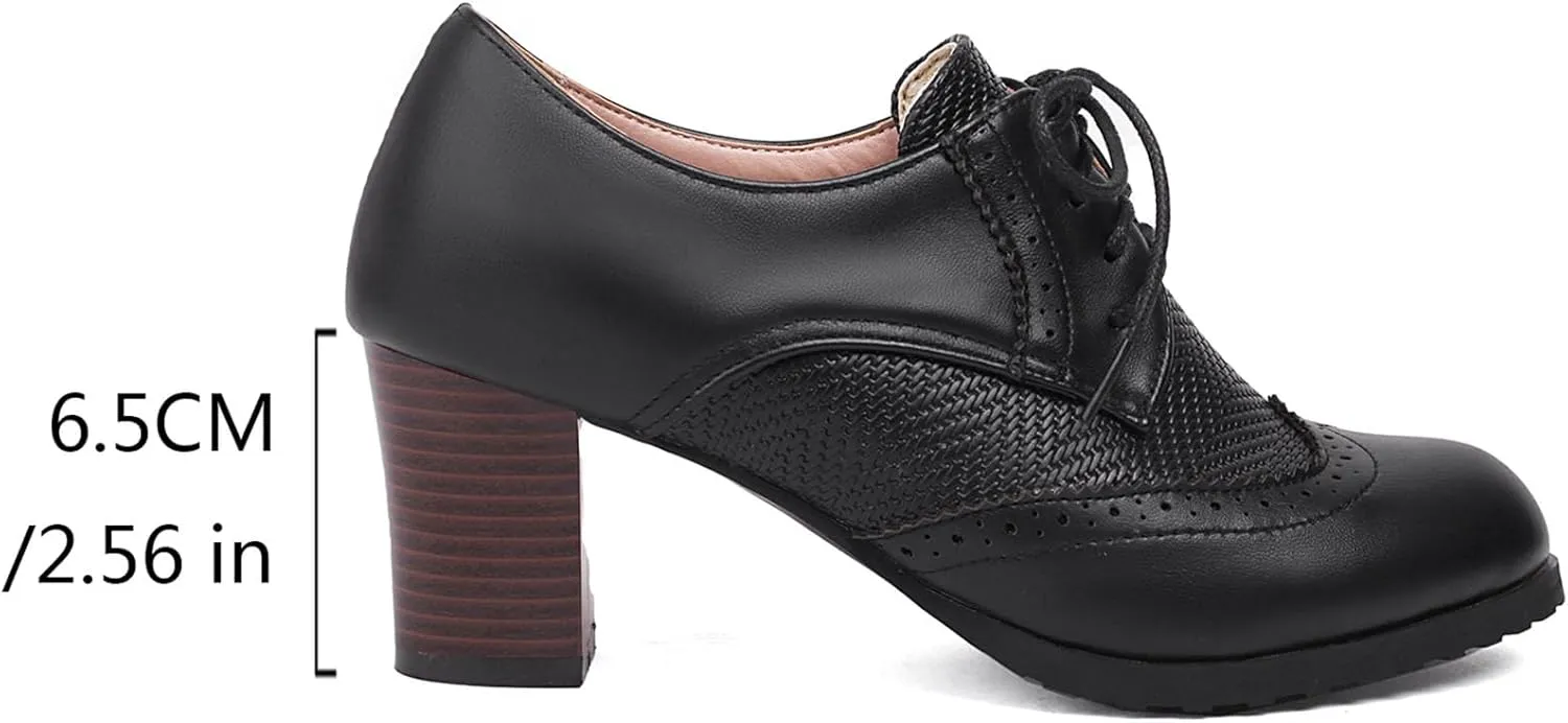 SHEMEE Women's Chunky High Heels Wingtip Oxfords Round Toe Lace Up Stacked Block Heel Vintage Brogues Pumps Shoes