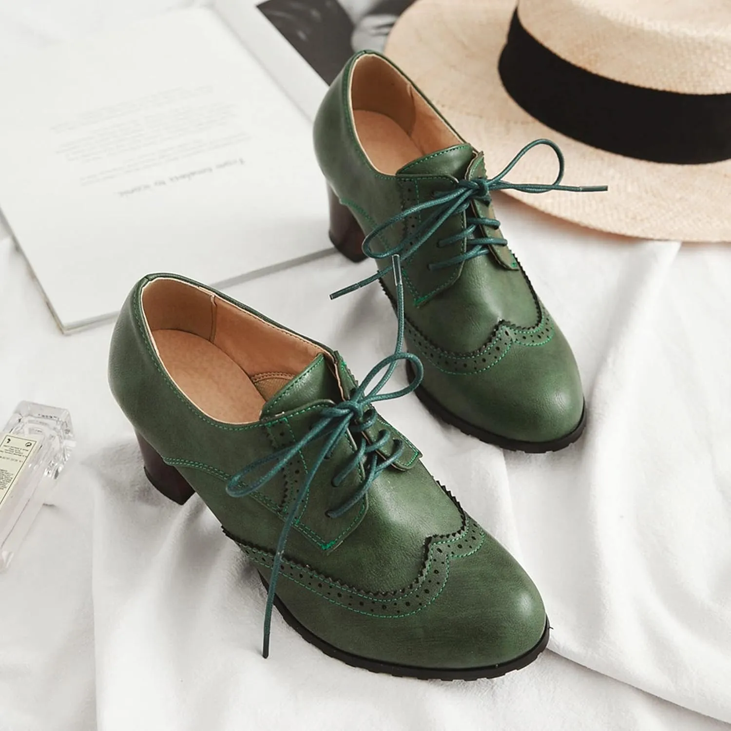 SHEMEE Women's Chunky High Heels Wingtip Oxfords Round Toe Lace Up Stacked Block Heel Vintage Brogues Pumps Shoes