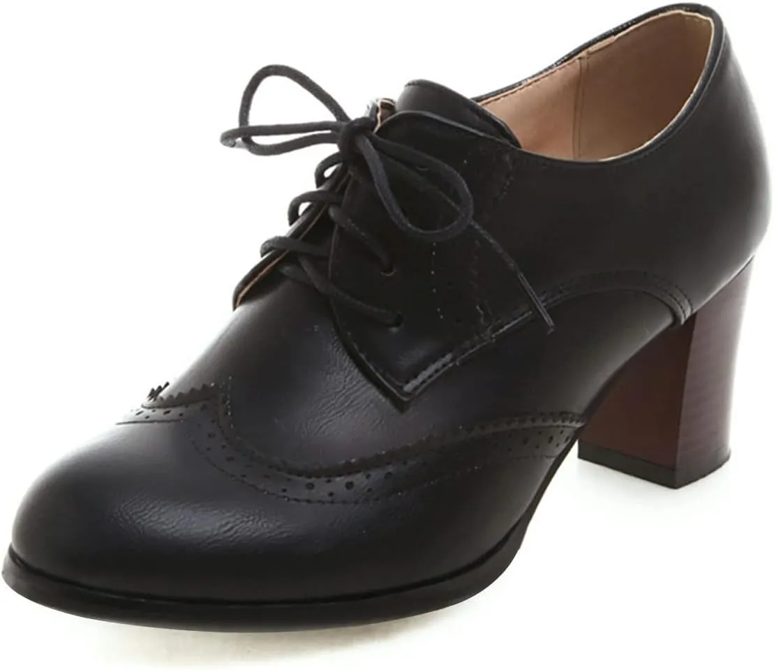 SHEMEE Women's Chunky High Heels Wingtip Oxfords Round Toe Lace Up Stacked Block Heel Vintage Brogues Pumps Shoes