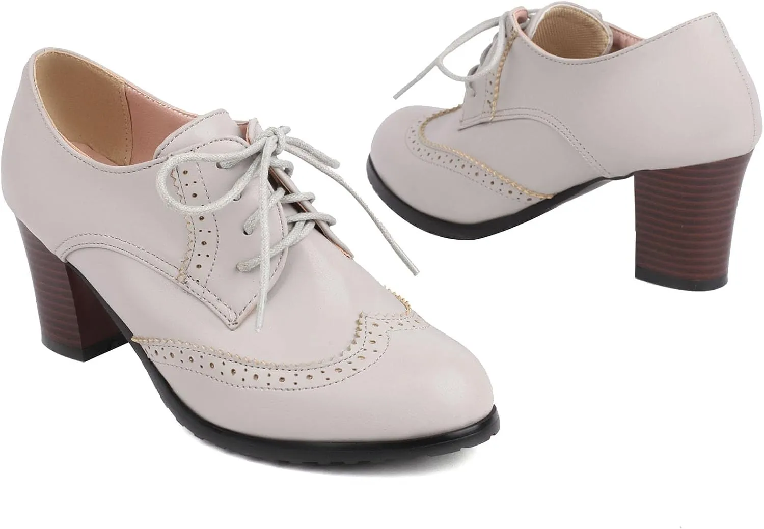 SHEMEE Women's Chunky High Heels Wingtip Oxfords Round Toe Lace Up Stacked Block Heel Vintage Brogues Pumps Shoes