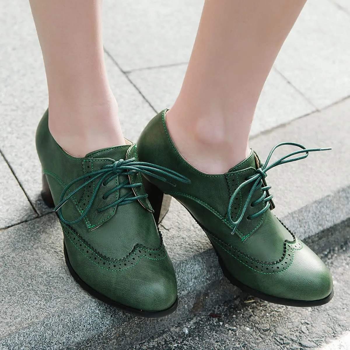 SHEMEE Women's Chunky High Heels Wingtip Oxfords Round Toe Lace Up Stacked Block Heel Vintage Brogues Pumps Shoes