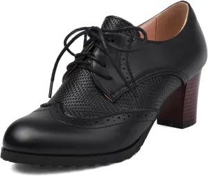 SHEMEE Women's Chunky High Heels Wingtip Oxfords Round Toe Lace Up Stacked Block Heel Vintage Brogues Pumps Shoes