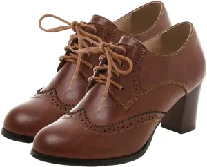 SHEMEE Women's Chunky High Heels Wingtip Oxfords Round Toe Lace Up Stacked Block Heel Vintage Brogues Pumps Shoes