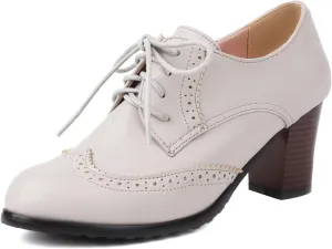 SHEMEE Women's Chunky High Heels Wingtip Oxfords Round Toe Lace Up Stacked Block Heel Vintage Brogues Pumps Shoes