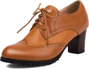 SHEMEE Women's Chunky High Heels Wingtip Oxfords Round Toe Lace Up Stacked Block Heel Vintage Brogues Pumps Shoes
