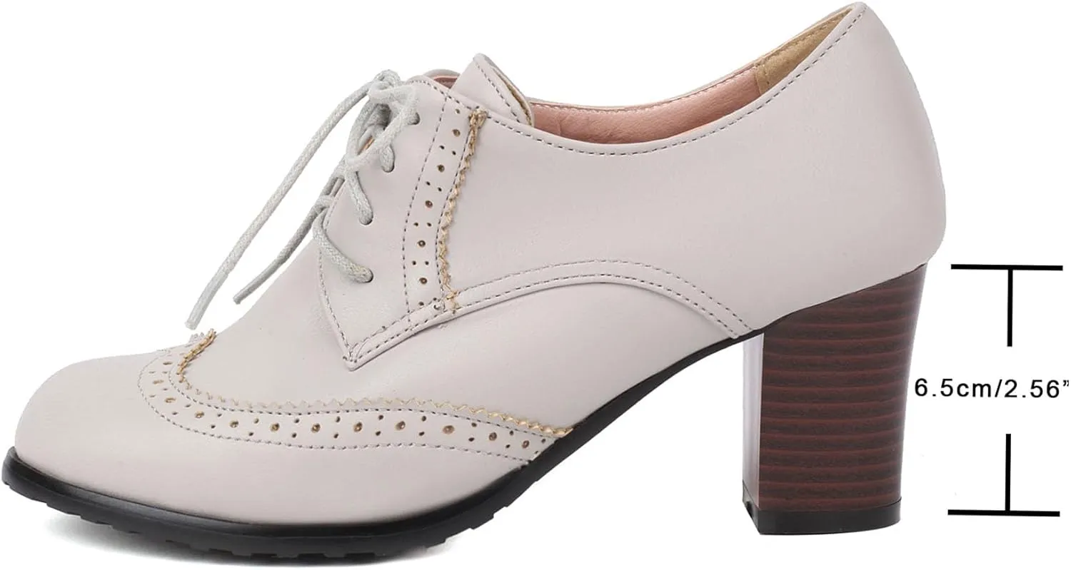 SHEMEE Women's Chunky High Heels Wingtip Oxfords Round Toe Lace Up Stacked Block Heel Vintage Brogues Pumps Shoes