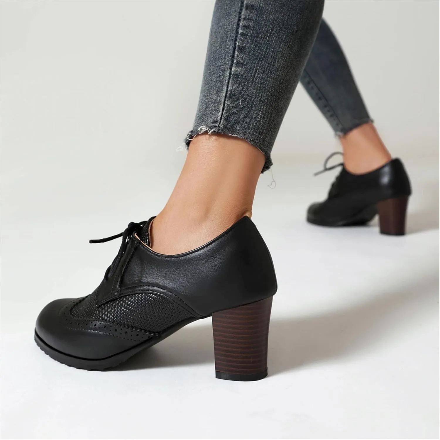 SHEMEE Women's Chunky High Heels Wingtip Oxfords Round Toe Lace Up Stacked Block Heel Vintage Brogues Pumps Shoes