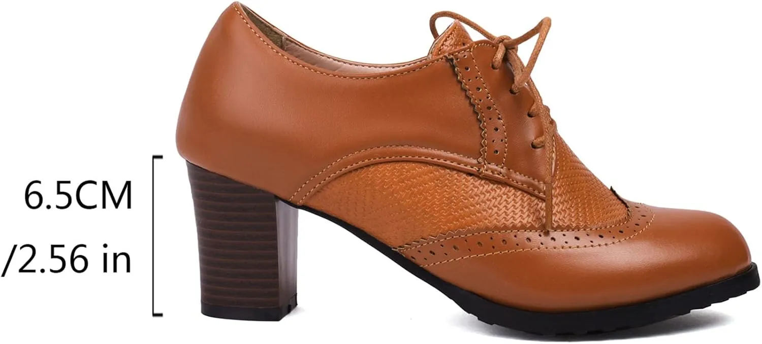SHEMEE Women's Chunky High Heels Wingtip Oxfords Round Toe Lace Up Stacked Block Heel Vintage Brogues Pumps Shoes