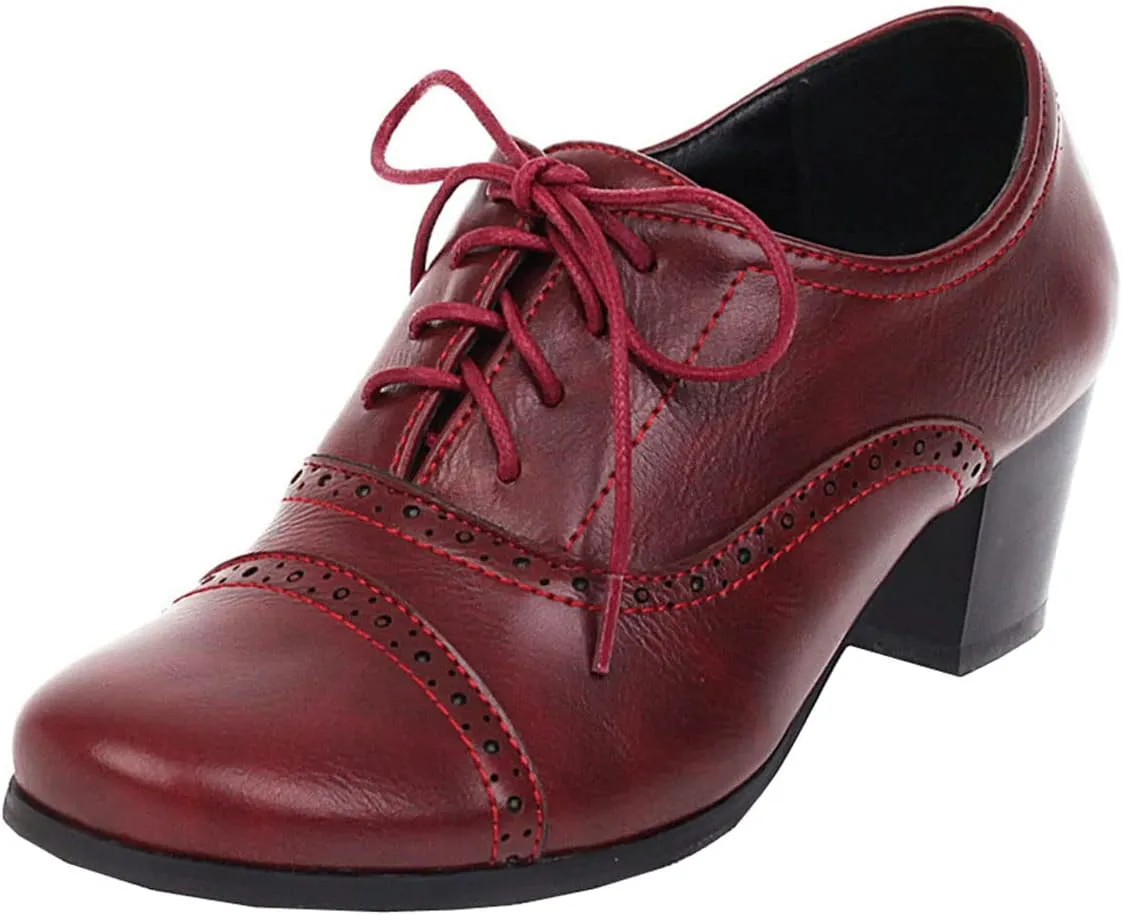SHEMEE Women's Chunky Lace Up Vintage Oxfords Dress Pumps Round Toe Block Mid Heels Retro Brogues Shoes