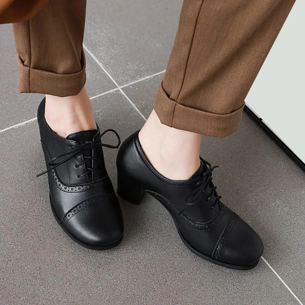 SHEMEE Women's Chunky Lace Up Vintage Oxfords Dress Pumps Round Toe Block Mid Heels Retro Brogues Shoes