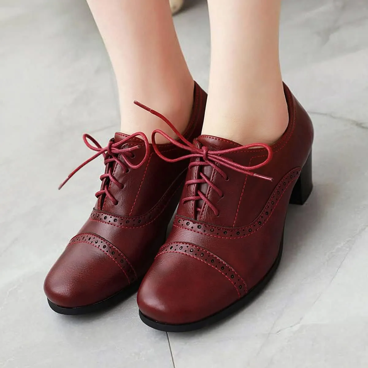 SHEMEE Women's Chunky Lace Up Vintage Oxfords Dress Pumps Round Toe Block Mid Heels Retro Brogues Shoes