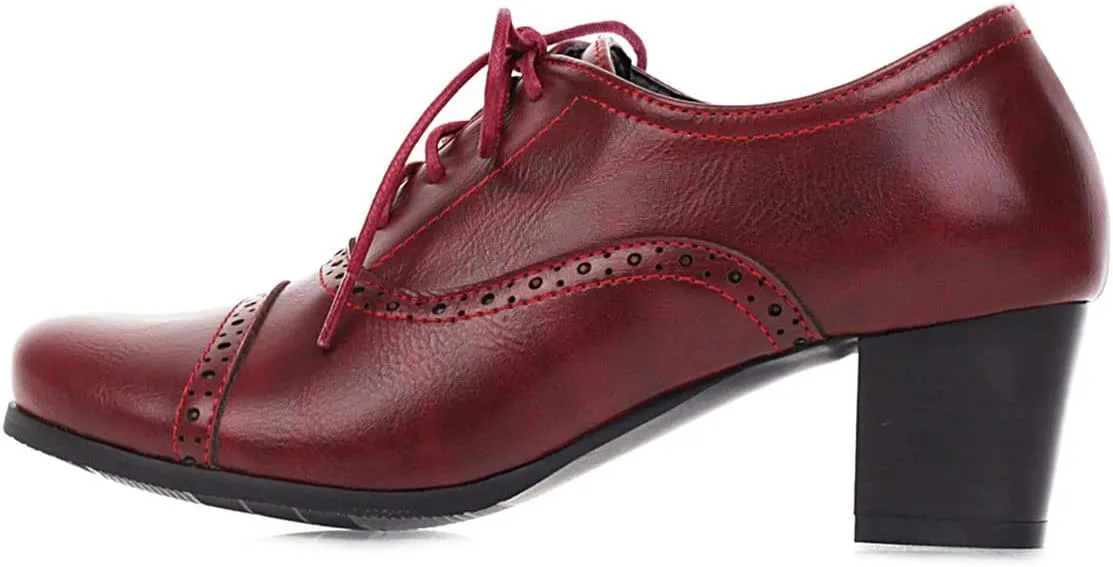 SHEMEE Women's Chunky Lace Up Vintage Oxfords Dress Pumps Round Toe Block Mid Heels Retro Brogues Shoes
