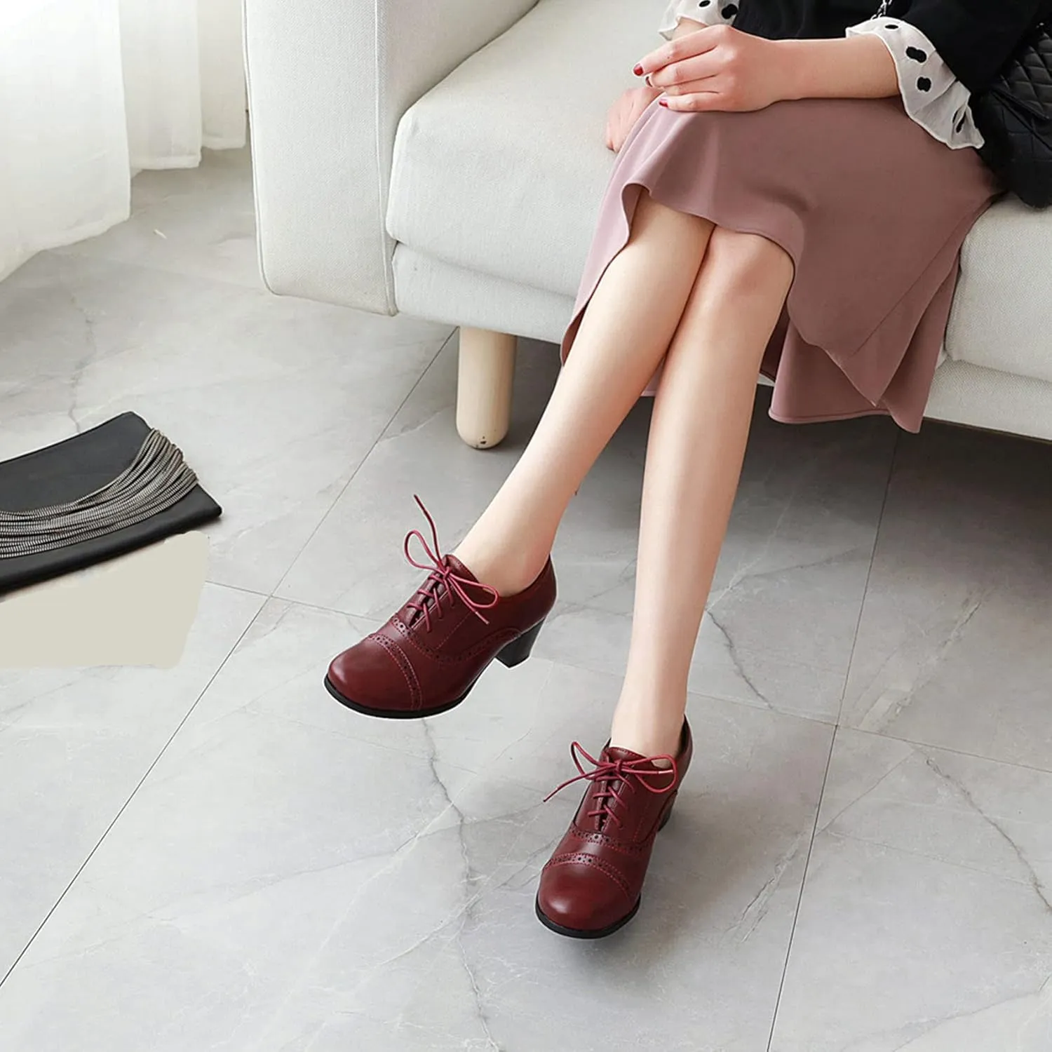 SHEMEE Women's Chunky Lace Up Vintage Oxfords Dress Pumps Round Toe Block Mid Heels Retro Brogues Shoes