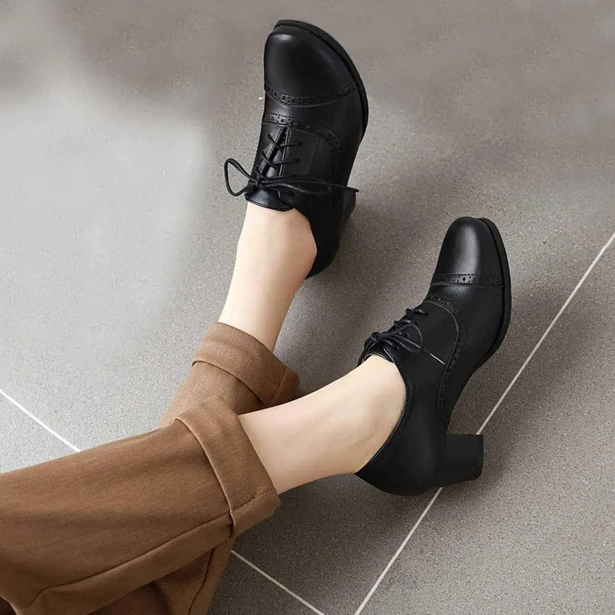 SHEMEE Women's Chunky Lace Up Vintage Oxfords Dress Pumps Round Toe Block Mid Heels Retro Brogues Shoes