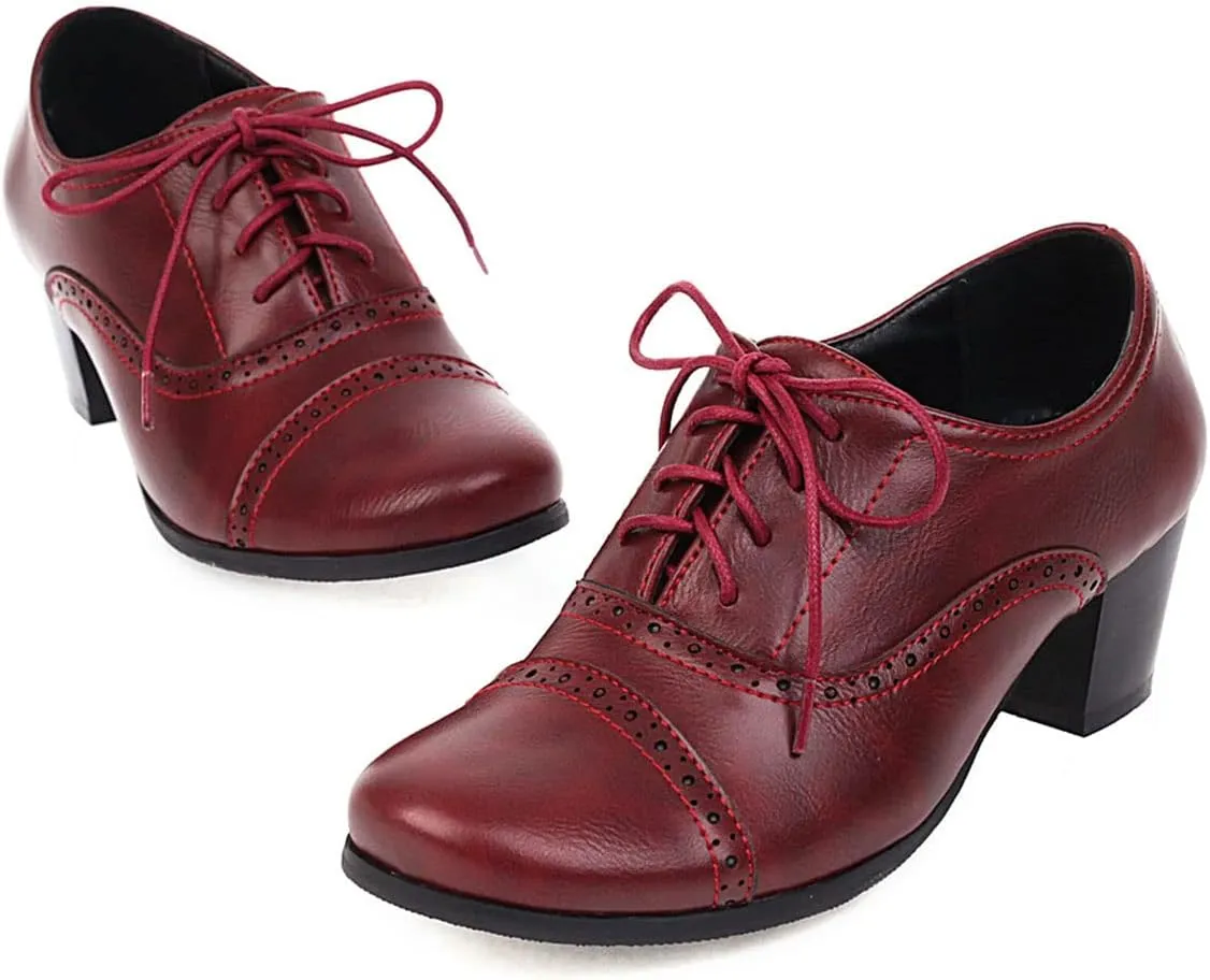 SHEMEE Women's Chunky Lace Up Vintage Oxfords Dress Pumps Round Toe Block Mid Heels Retro Brogues Shoes