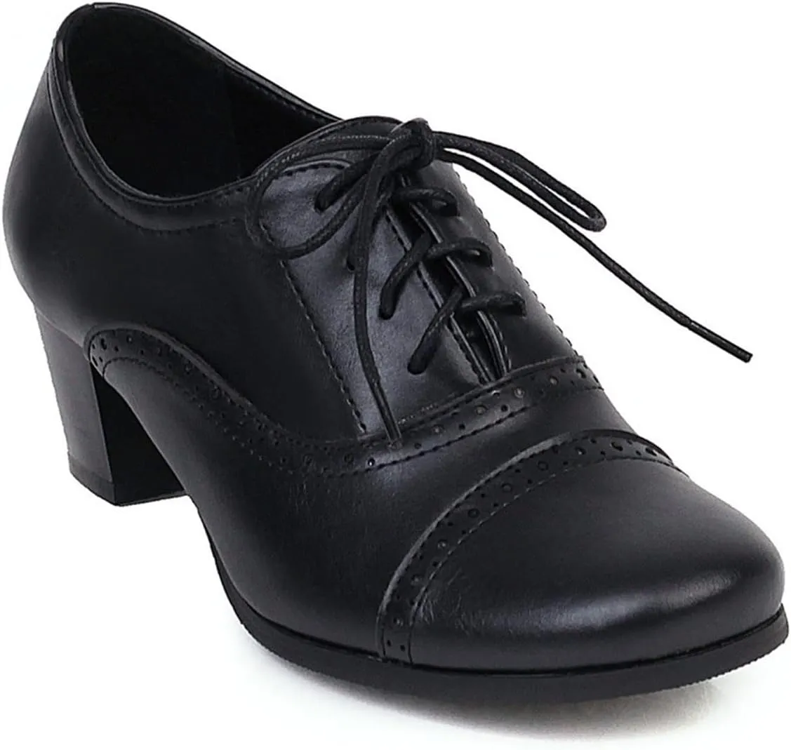 SHEMEE Women's Chunky Lace Up Vintage Oxfords Dress Pumps Round Toe Block Mid Heels Retro Brogues Shoes