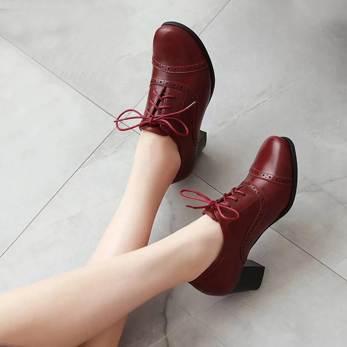 SHEMEE Women's Chunky Lace Up Vintage Oxfords Dress Pumps Round Toe Block Mid Heels Retro Brogues Shoes