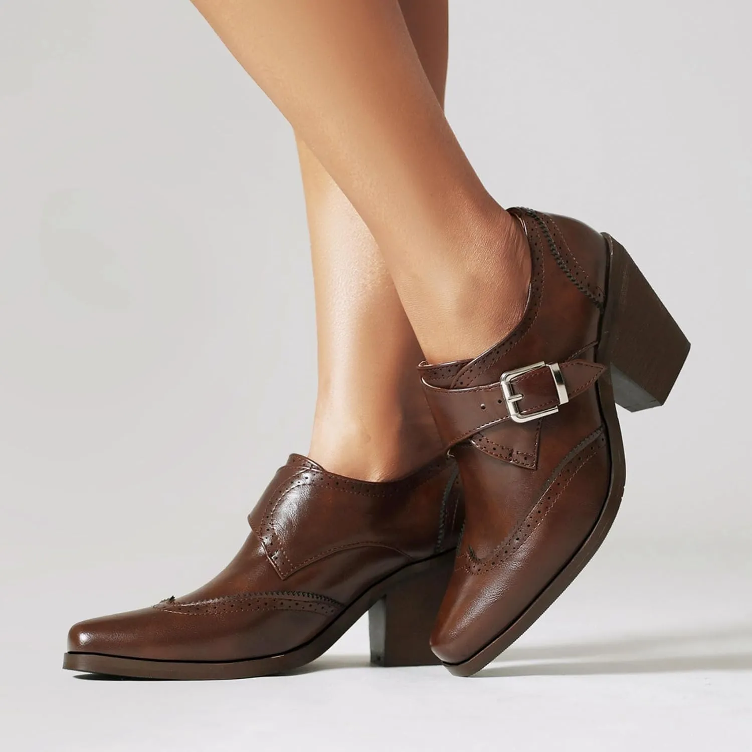 SHEMEE Women's Monk Strap Oxfords Loafers Shoes Chunky Heels Almond Square Toe Vintage Wingtip Brogues British Buckled Business Dress Pumps